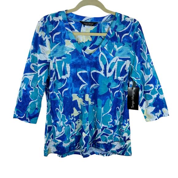 Tango Mango NWT Floral Blue 3/4 Sleeve V-Neck Layered Stretch Blouse Size M - Picture 1 of 6